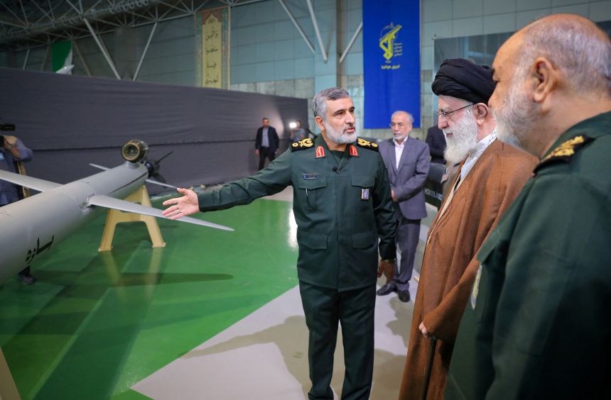 Khamenei looks at an Iranian missile during the IRGC Aerospace Force achievements exhibition in Tehran, Iran November 19, 2023.
