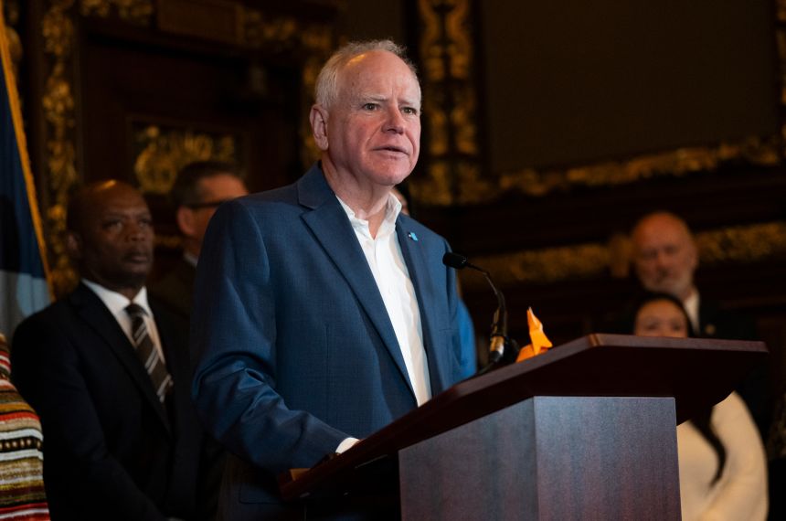 Minnesota Gov. Tim Walz speaks during a press conference about federal detention of children at the State Capitol building on February 3, 2026 in St. Paul, Minnesota.