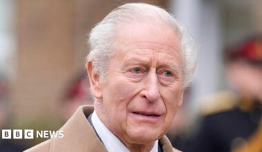 Head and shoulders of King Charles on a military visit in West Sussex last week