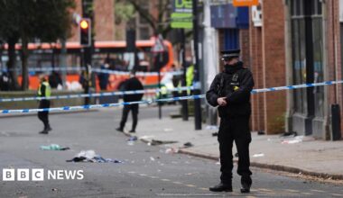 Shoes and blankets at the scene in Friar Gate, Derby, where a number of people had been injured, some of them seriously, but not life-threatening, after being hit by a car in the city centre on Saturday night.
