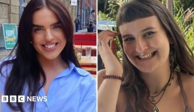 A composite of two women side by side. Morgane, on the left, is wearing a light blue shirt and has long very dark brown hair. She is smiling and appears to be sitting outside in a bar. Phoebe, on the right, has long brown hair with a short, straight fringe. She has a few necklaces on and has a septum piercing. Both women are smiling at the camera.