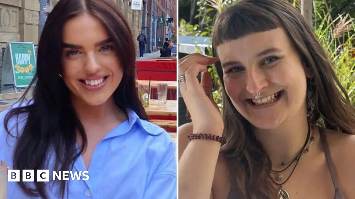 A composite of two women side by side. Morgane, on the left, is wearing a light blue shirt and has long very dark brown hair. She is smiling and appears to be sitting outside in a bar. Phoebe, on the right, has long brown hair with a short, straight fringe. She has a few necklaces on and has a septum piercing. Both women are smiling at the camera.