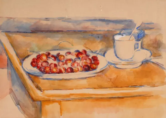 Illustration of a still life with a plate of cherries and a cup.