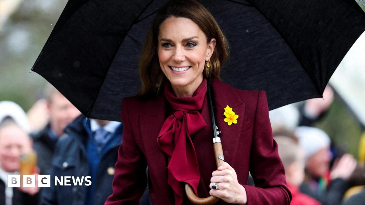 Catherine wearing burgundy with a yellow daffodil pinned to her blazer, holding a black umbrella, as people take pictures in the background