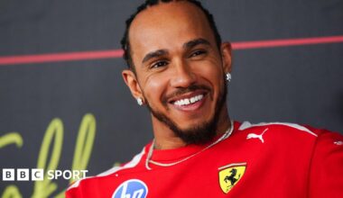 Lewis Hamilton during an FIA-F1 news conference during pre-season testing in Bahrain. He is wearing a Ferrari t-shirt