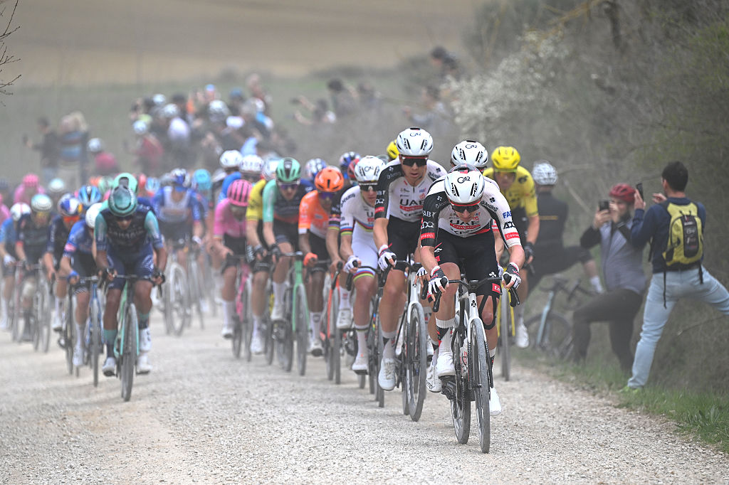 SIENA, ITALY - MARCH 07: Kevin Vermaerke of United States and UAE Team Emirates - XRG leads the peloton during the 20th Strade Bianche 2026 a 203km one day race from Siena to Siena / #UCIWT / on March 07, 2026 in Siena, Italy. (Photo by Tim de Waele/Getty Images)