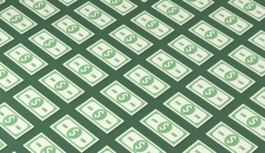 an illustration of patterned 100 dollar bills on a green background