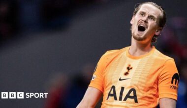 Tottenham goalkeeper Antonin Kinsky reacts during the Champions League game with Atletico Madrid