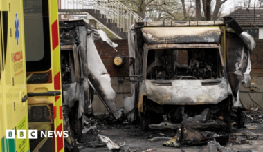 The burnt out remains of Hatzola ambulances at the Jewish Community Ambulance service in Golders Green