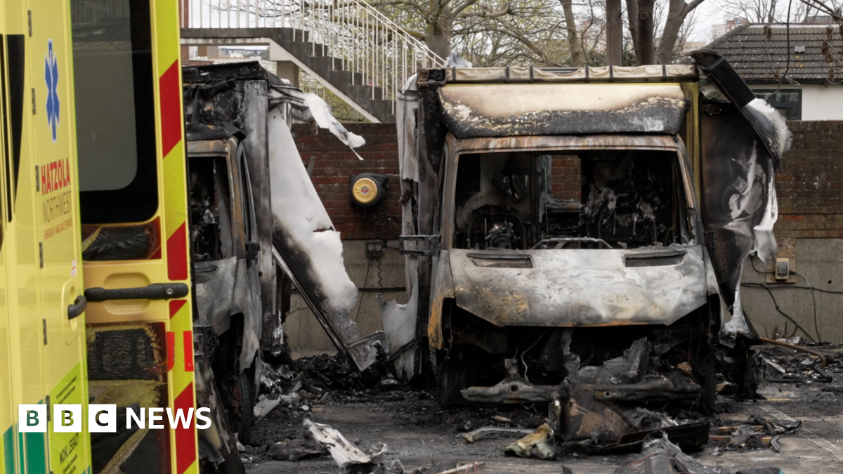 The burnt out remains of Hatzola ambulances at the Jewish Community Ambulance service in Golders Green