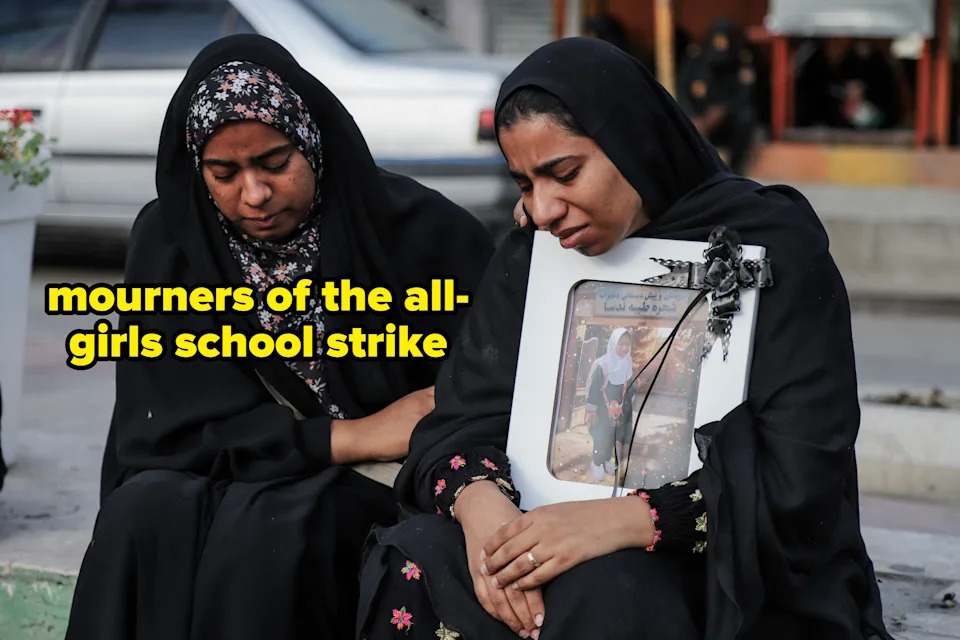 Two people in mourning attire sit solemnly; one holds a framed photo, visibly emotional