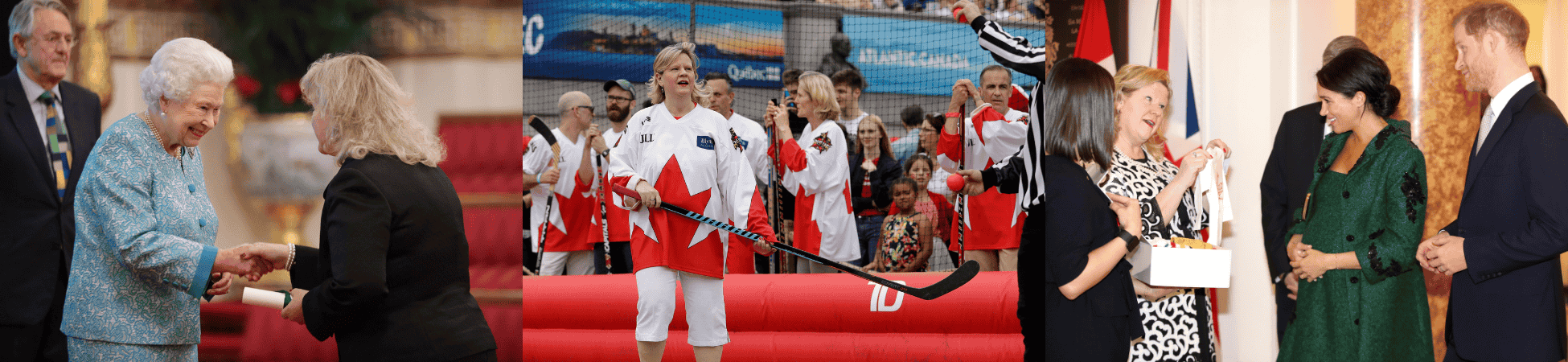 A composite of three photos of Janice Charette. The left-most photo is of her shaking hands with Queen Elizabeth II. The middle photo shows her at a ball hockey event in a Canadian jersey and holding a stick. In the background, some of her teammates are visible, including Mark Carney, who is holding his stick upright while leaning on it. The picture on the right has Charette smiling as she presents a small white onesie to the pregnant Meghan, Duchess of Sussex and Prince Harry, Duke of Sussex.