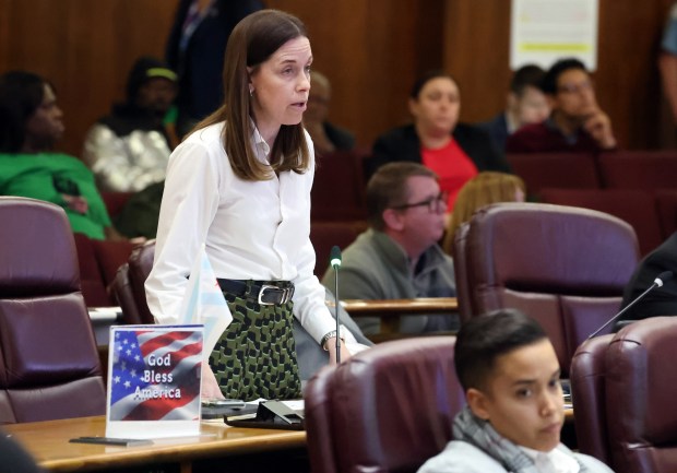 Ald. Samantha Nugent, 39th, speaks during a City Council meeting at Chicago City Hall, March 18, 2026. Ald. Jessie Fuentes, 26th, listens at lower right. (Terrence Antonio James/Chicago Tribune)