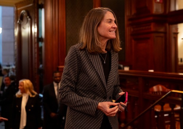 State Sen. Laura Fine arrives before Gov. JB Pritzker delivers his annual State of the State and budget address Feb. 18, 2026, at the Illinois State Capitol in Springfield. (Brian Cassella/Chicago Tribune)