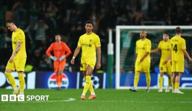 Bodo/Glimt players look disappointed after losing against Sporting