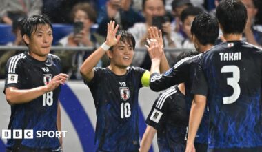 Japan head coach Hajime Moriyasu and Celtic's Daizen Maeda and Reo Hatate