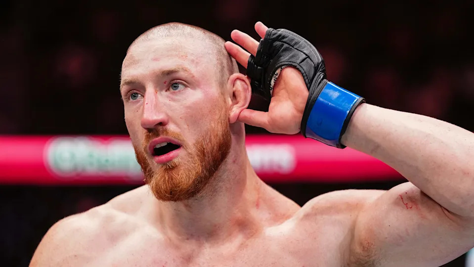 LAS VEGAS, NEVADA - OCTOBER 04: Joe Pyfer reacts after a submission victory against Abus Magomedov of Russia in a middleweight fight during the UFC 320 event at T-Mobile Arena on October 04, 2025 in Las Vegas, Nevada. (Photo by Jeff Bottari/Zuffa LLC)