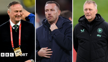 A split image of Northern Ireland manager Michael O'Neill, Wales manager Craig Bellamy and Republic of Ireland manager Heimir Hallgrimsson