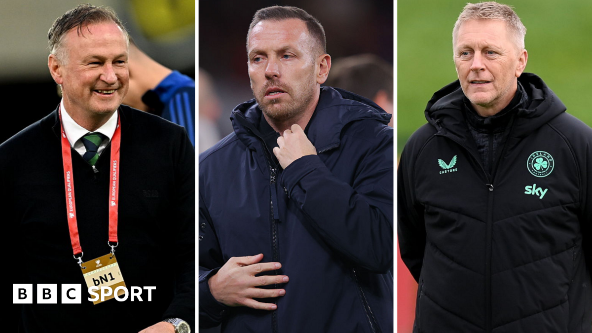 A split image of Northern Ireland manager Michael O'Neill, Wales manager Craig Bellamy and Republic of Ireland manager Heimir Hallgrimsson