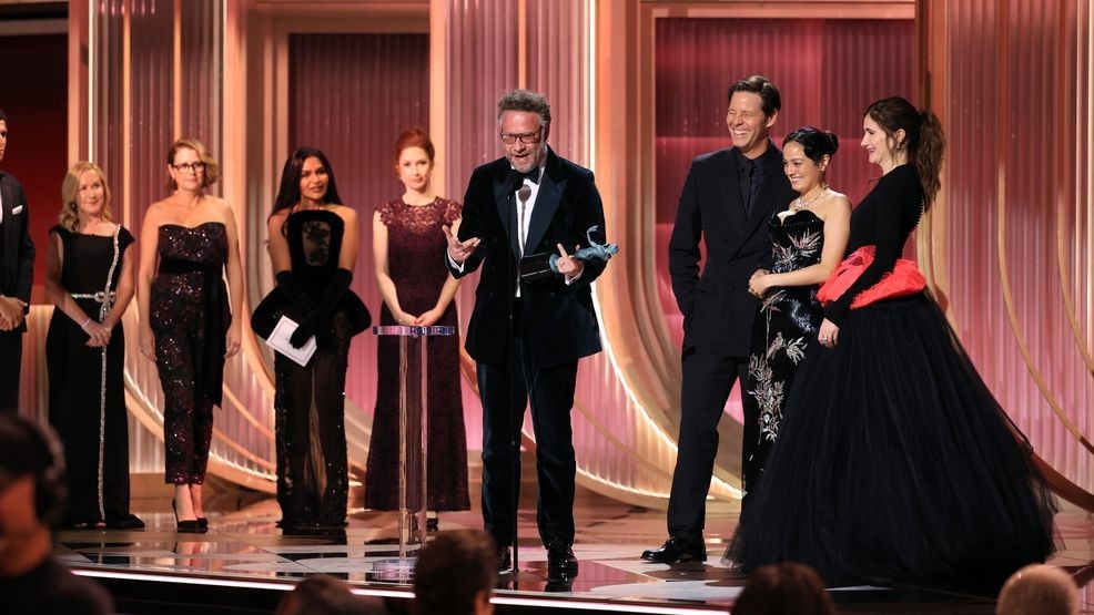 (L-R) Angela Kinsey, Jenna Fischer, Mindy Kaling, and Ellie Kemper, present the Outstanding Performance by an Ensemble in a Comedy Series Award for "The Studio" to Seth Rogen, Ike Barinholtz, Chase Sui Wonders, and Kathryn Hahn onstage during the 32nd Annual Actor Awards at Shrine Auditorium and Expo Hall on March 01, 2026 in Los Angeles, California. (Photo by Matt Winkelmeyer/Getty Images)