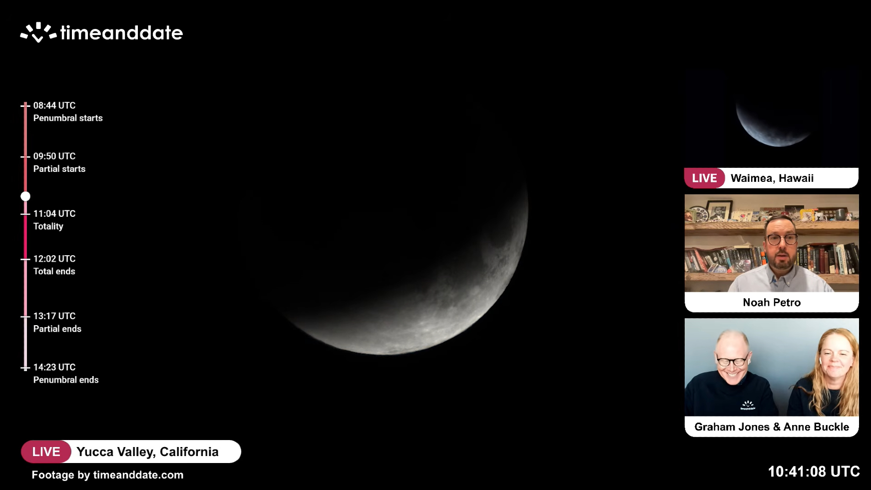 A full moon is shown against a black sky with the majority of its surface hidden by Earth's shadow during a total lunar eclipse. Only a silver crescent to the lower left is illuminated by direct sunlight against a black sky.
