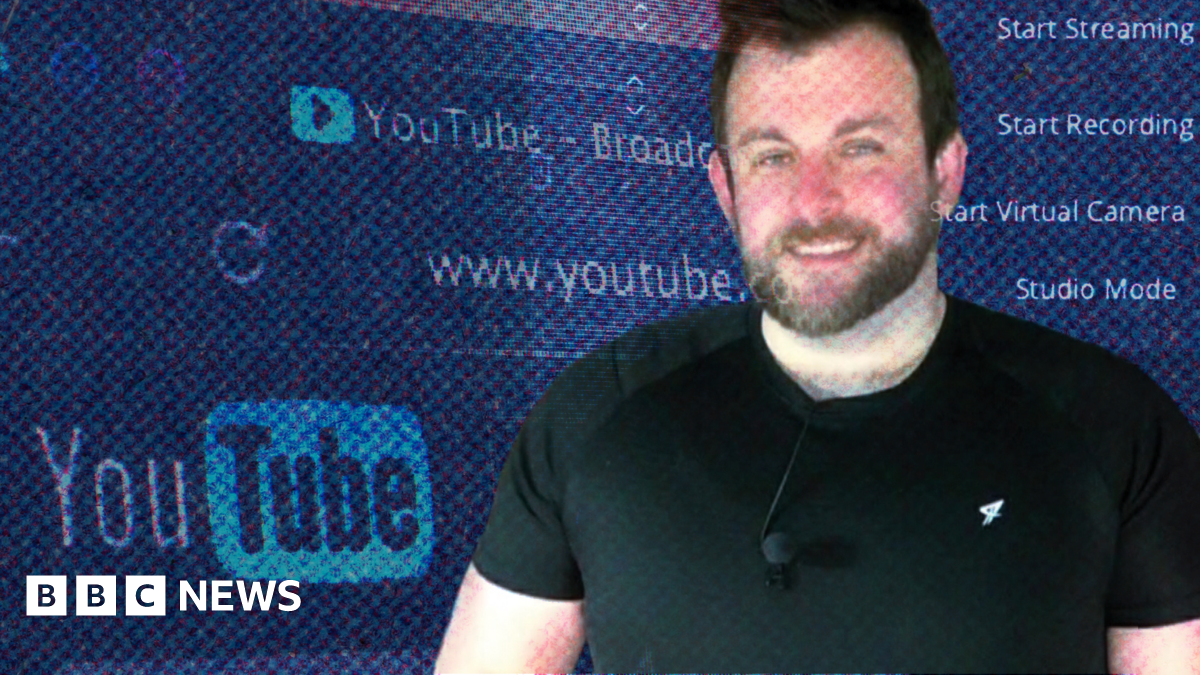 Stephen McCullagh pictured in a black t-shirt superimposed over an image of a computer screen displaying options that include: start streaming, start recording, start virtual camera, studio mode.