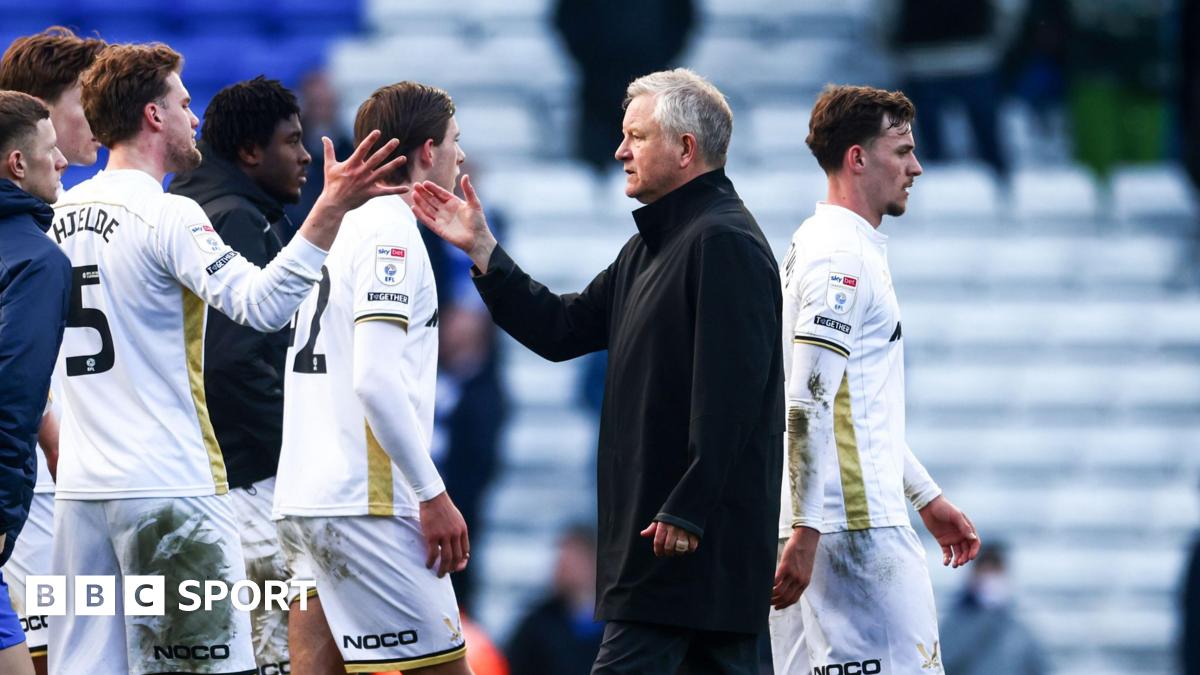 Chris Wilder shaking hands with Sheffield United players after their 1-1 draw at Birmingham City