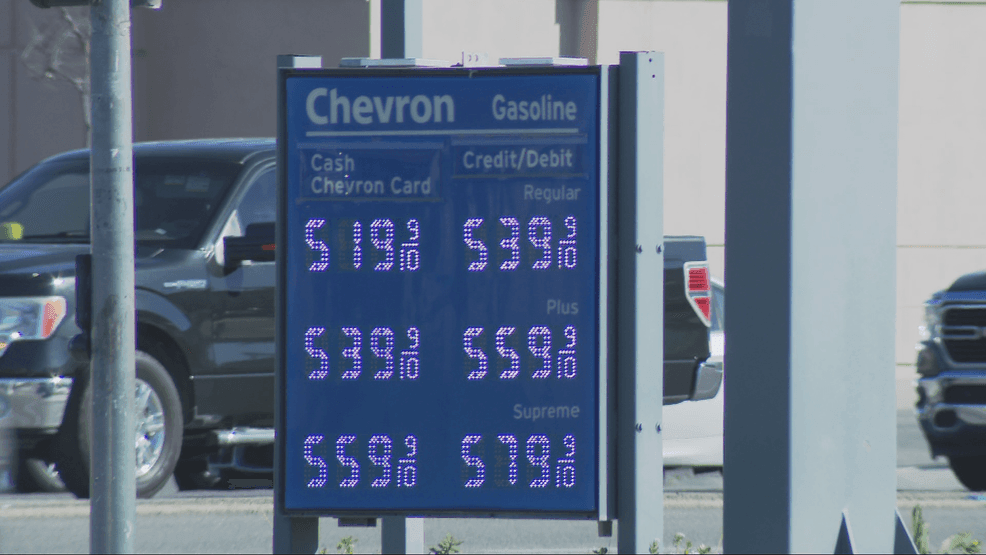Still image shows gas prices at a Chevron gas station on Oak Street in Bakersfield, Calif. on Friday, March 6, 2026. (KBAK/KBFX)