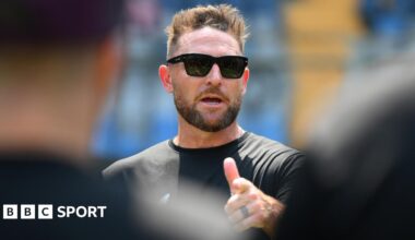 Head coach of England Brendon McCullum during a net session at Wankhede Stadium on 3 March 2026 in Mumbai, India