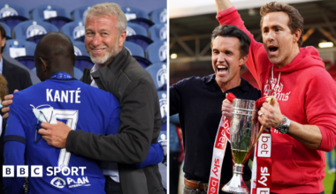 A split picture of Roman Abramovich, and Wrexham co-owners Ryan Reynolds and Rob McElhenney