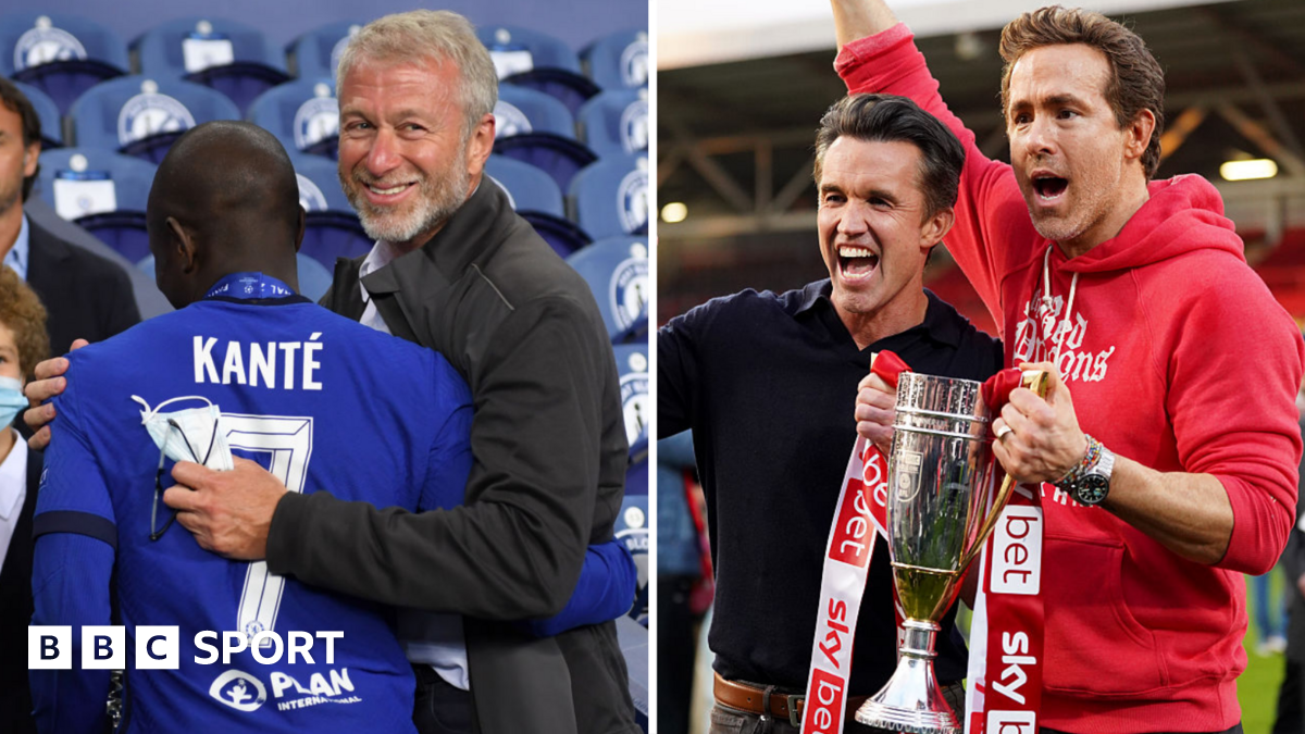A split picture of Roman Abramovich, and Wrexham co-owners Ryan Reynolds and Rob McElhenney