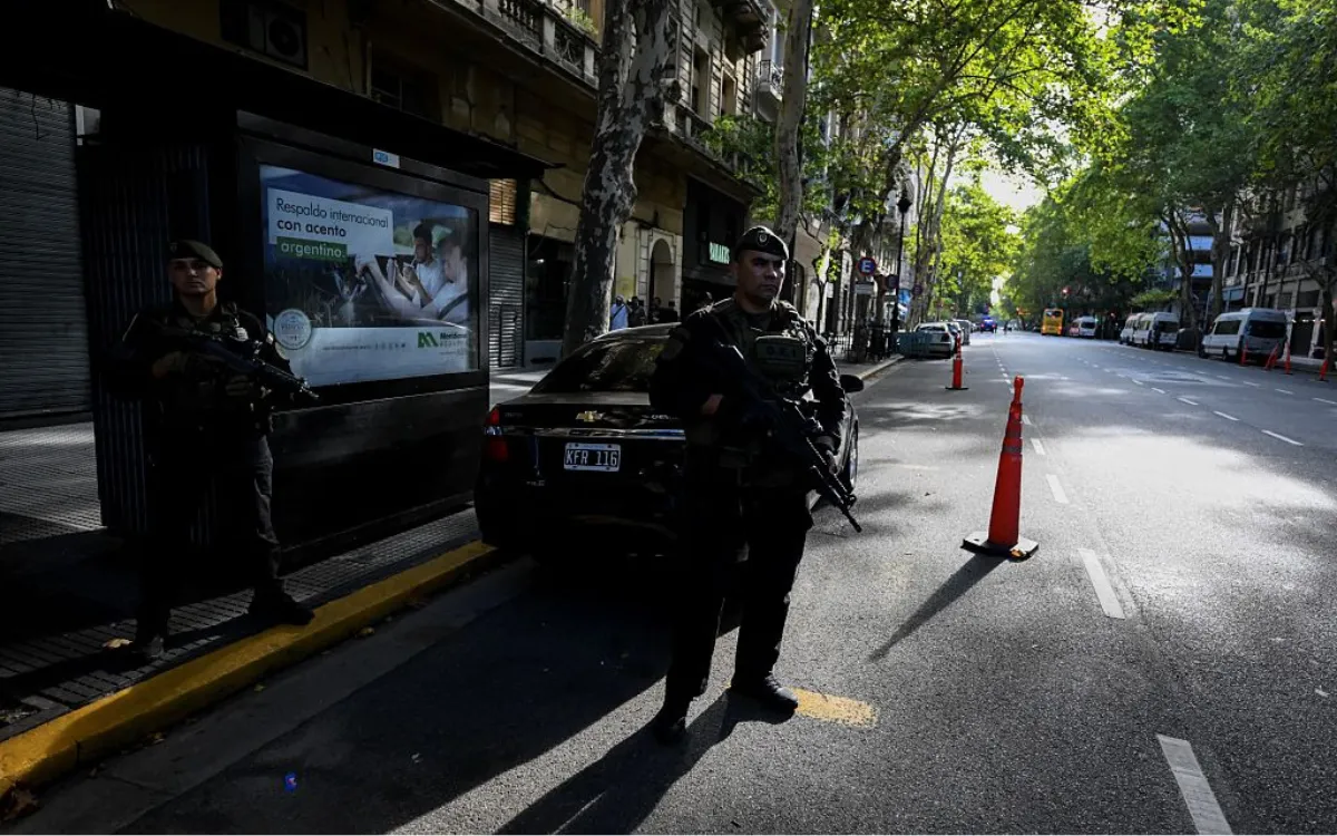 Members of Argentina's Special Forces police guard the Israel Embassy as part of heightened security in Buenos Aires on February 28, 2026. Argentina went on high alert on February 28 after the US and Israeli attacks on Iran and the latter's retaliatory strikes.
