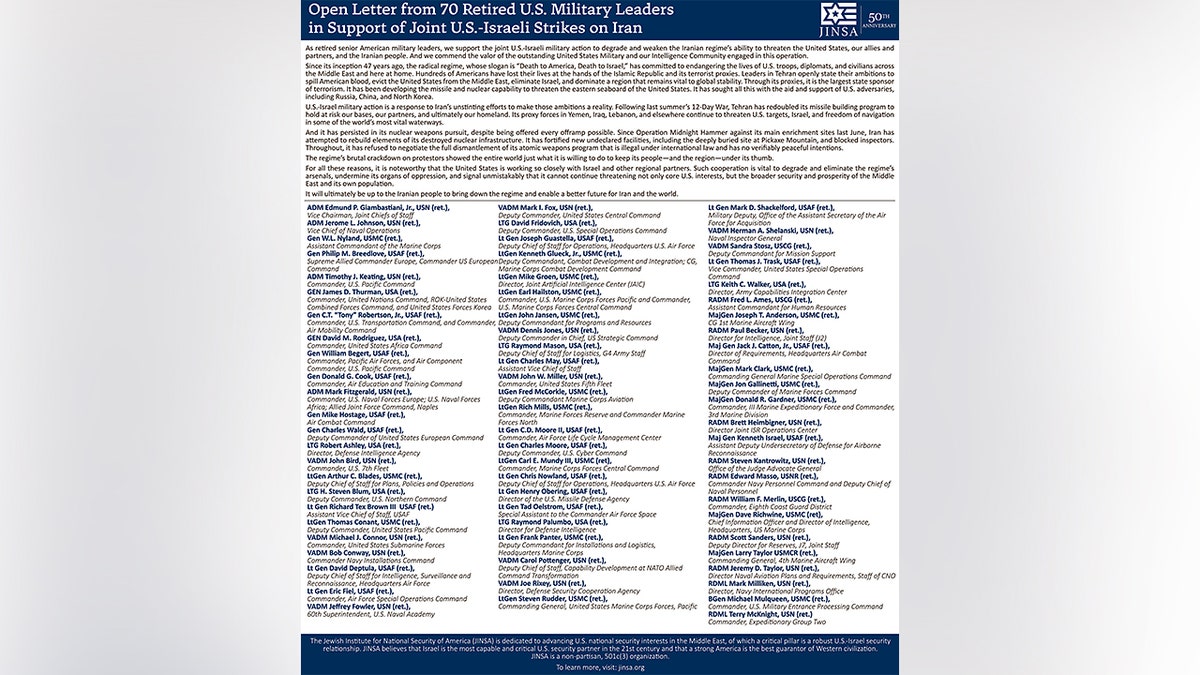 A letter from retired military leaders supporting the strikes on Iran