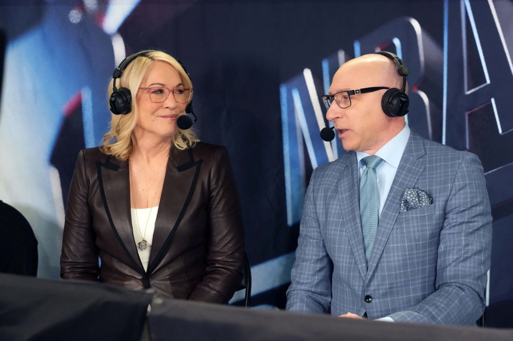 ESPN female analyst Doris Burke and play-by-play announcer Dave Pasch.