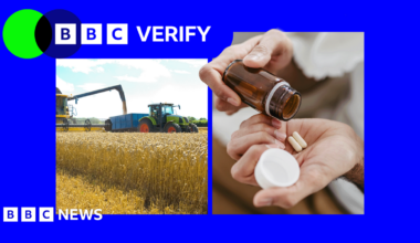 A split image of a field of wheat with harvester on left and a bottle of medicine on the right