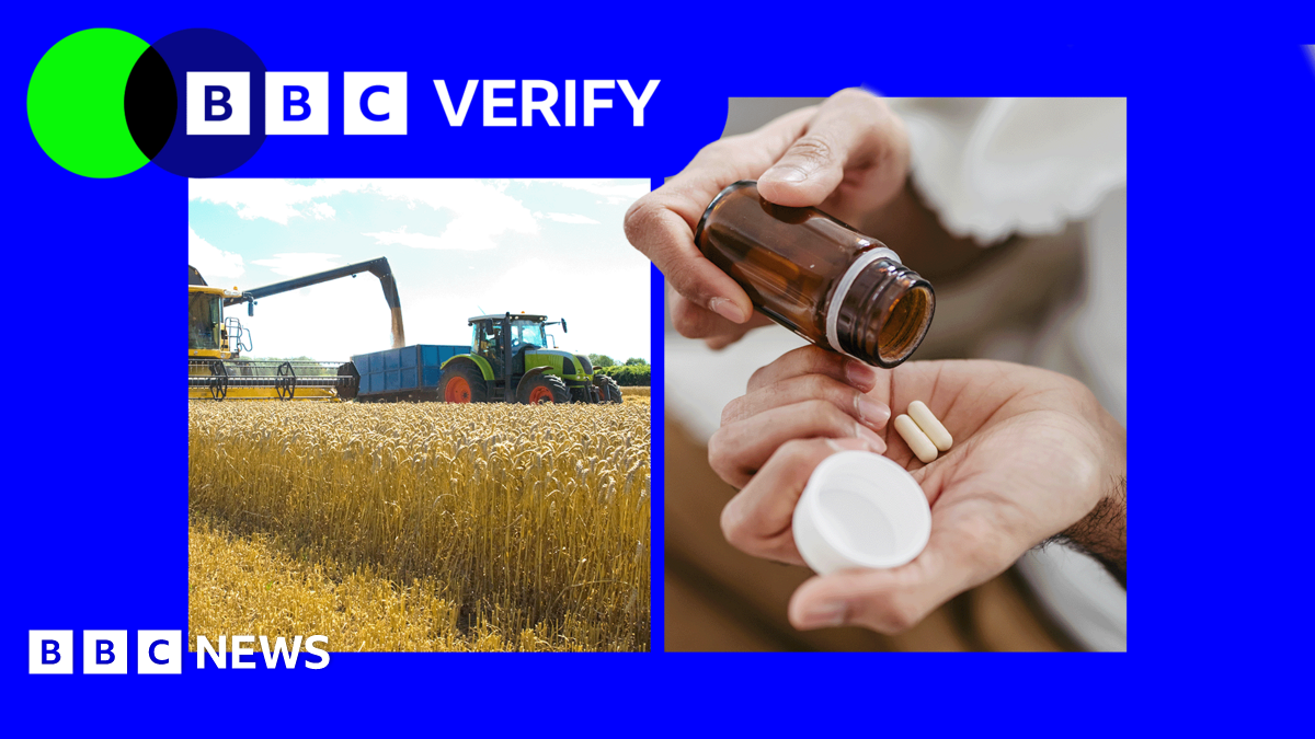 A split image of a field of wheat with harvester on left and a bottle of medicine on the right