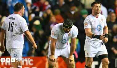 England players react at the final whistle of the Six Nations defeat  at Murrayfield on 14 February 2026
