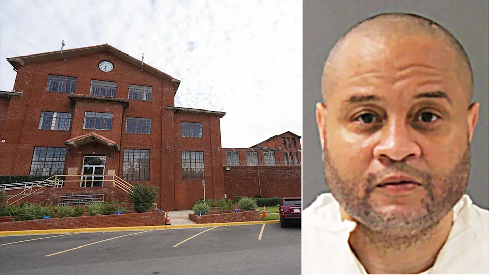 Mugshot of Cedric Allen Ricks alongside the Huntsville Unit prison in Texas.