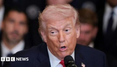 US President Donald Trump speaking into a microphone