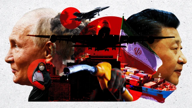 A BBC graphic showing Russian President Vladimir Putin and Chinese President Xi Jinping looking in opposite directions and divided by a photomontage wey show a petrol pump, container ship, warplane, passenger jet, Iranian woman and flag and a plume of black smoke.