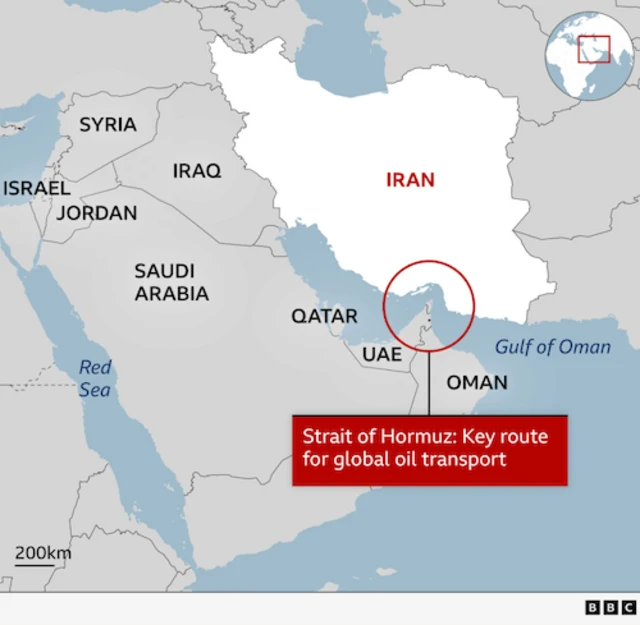 A BBC map wey show di Strait of Hormuz, off di south coast of Iran Surrounding kontris dey grey.