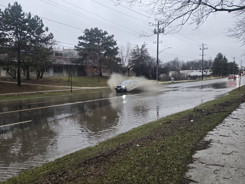 Flooding on Birchmount Road south of Huntingwood Drive following heavy rain on March 11, 2026