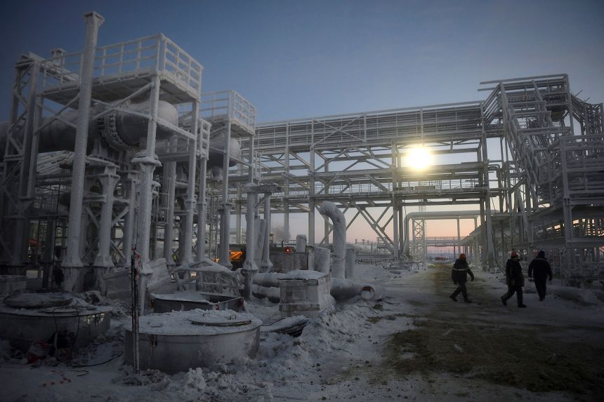 The Utrenneye field, which feeds Novatek's Arctic LNG 2 project, on the Gydan Peninsula on the Kara Sea shore line in the Arctic circle, some 2,500 km from Moscow, on November 30, 2021.