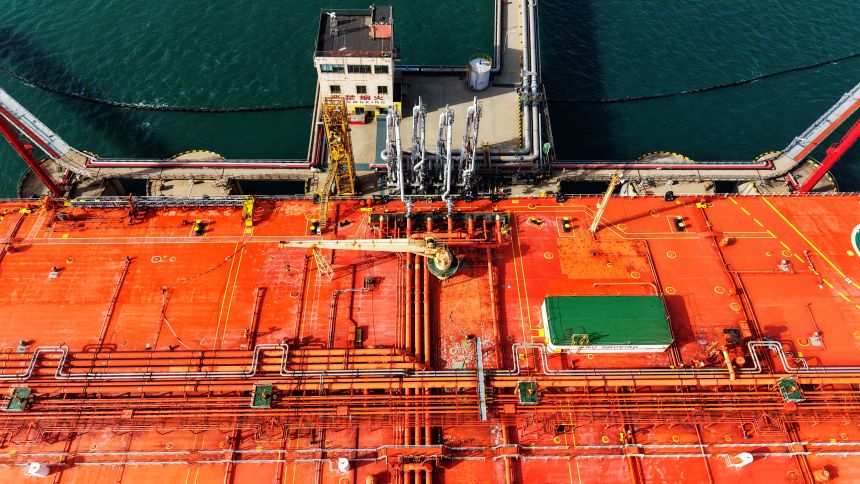 A tanker berthed and unloaded imported crude oil at the Qingdao Port crude oil terminal in Qingdao, China, on November 28, 2025.