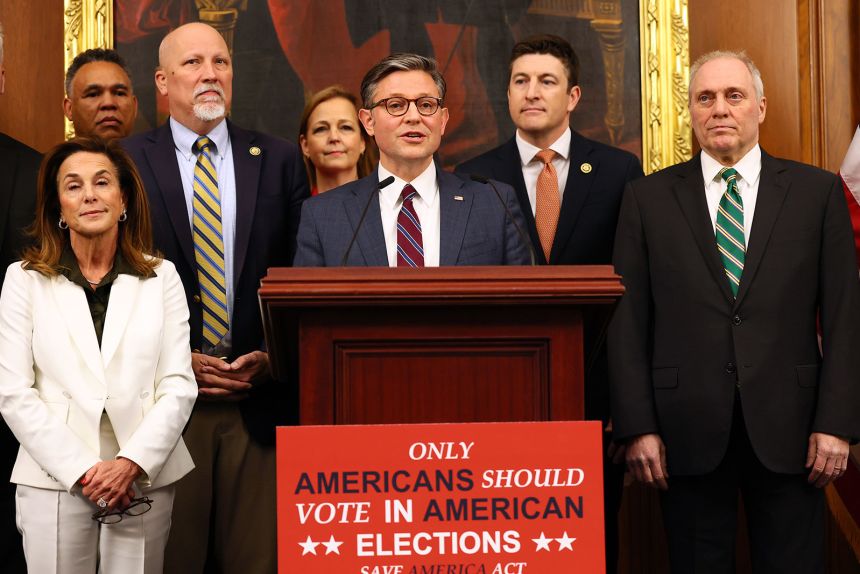 House Speaker Mike Johnson speaks at a news conference on February 11, 2026, at the US Capitol.