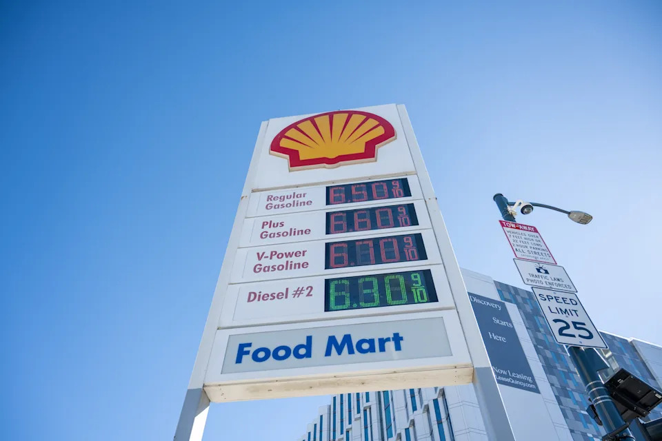 Shell gas station in San Francisco, California showing high gas prices, with Regular fuel priced at $6.50 per gallon on March 12, 2026. 