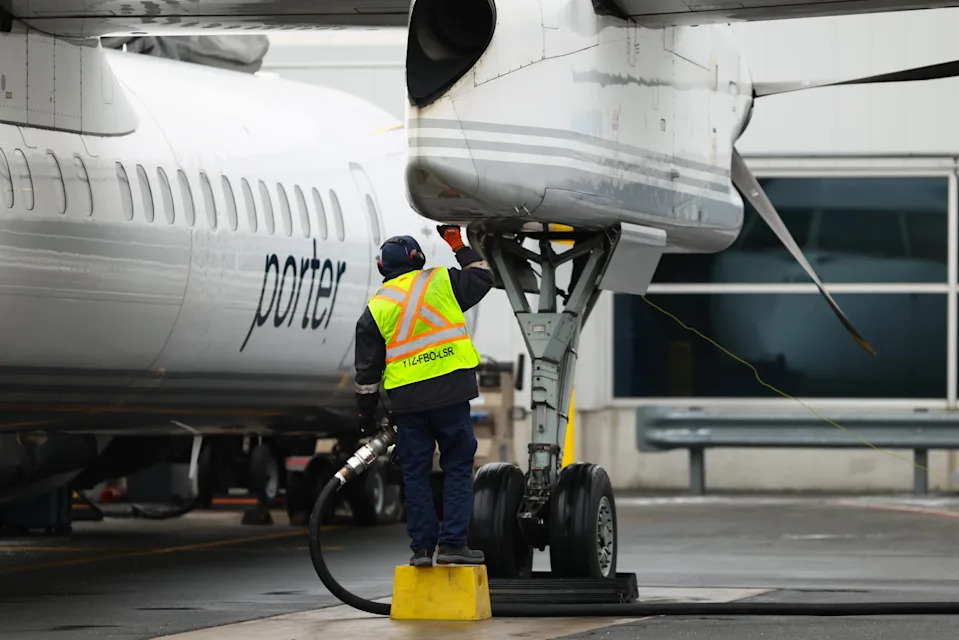 A Porter airplane refuels at Toronto Island Airport in Toronto, Ontario, Canada, on Wednesday, March 18, 2026. 