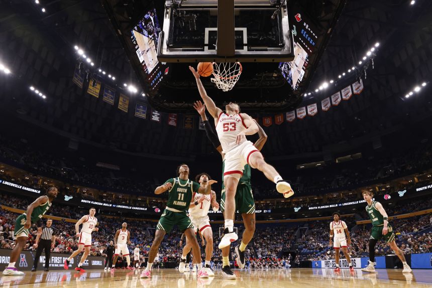 Vangelis Zougris goes for a lay up against the South Florida Bulls in the first half of their opening round game.