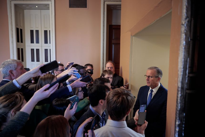 Senate Majority Leader John Thune talks to reporters after arriving at the US Capitol on March 17, 2026.