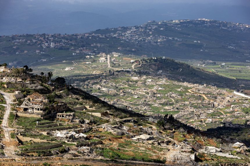 Destroyed houses and buildings in southern Lebanon are seen across the border from the Upper Galilee in northern Israel on March 20, 2026.
